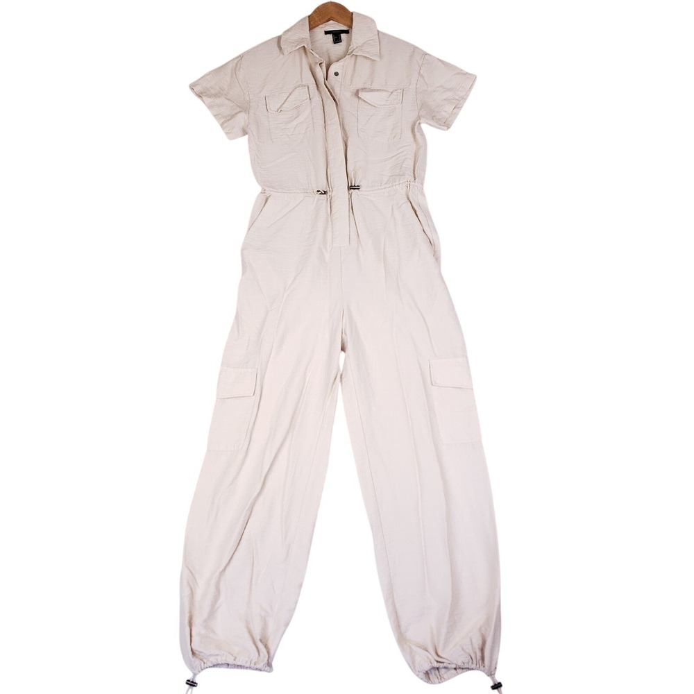 Forever 21 Utility Cargo Jumpsuit Small Beige Button Front Elastic Waist One Pie